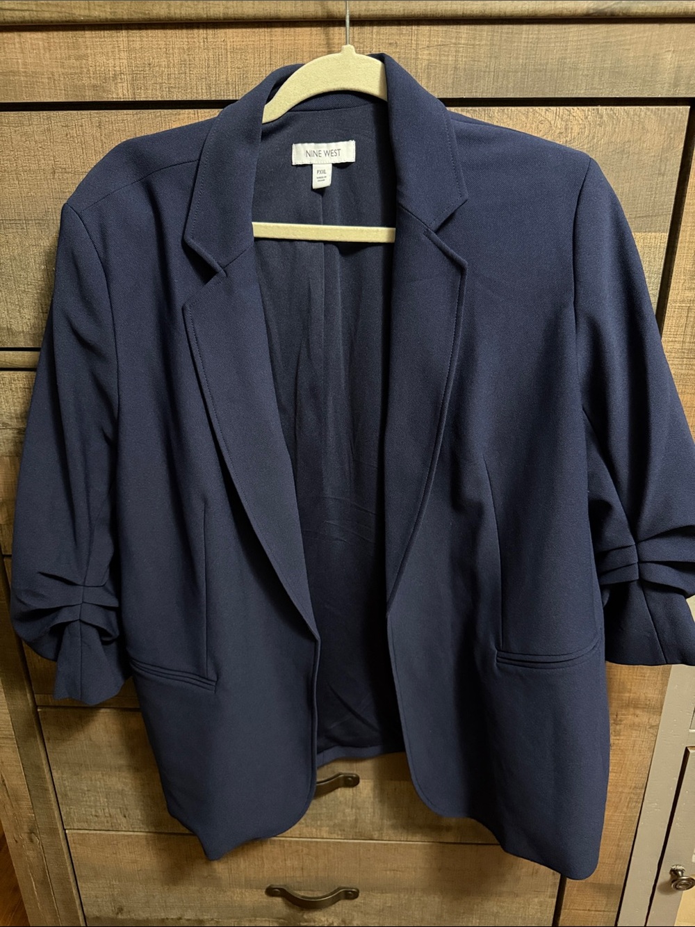 Nine West Navy Ruched Sleeve Open Front Blazer Petite XXL
